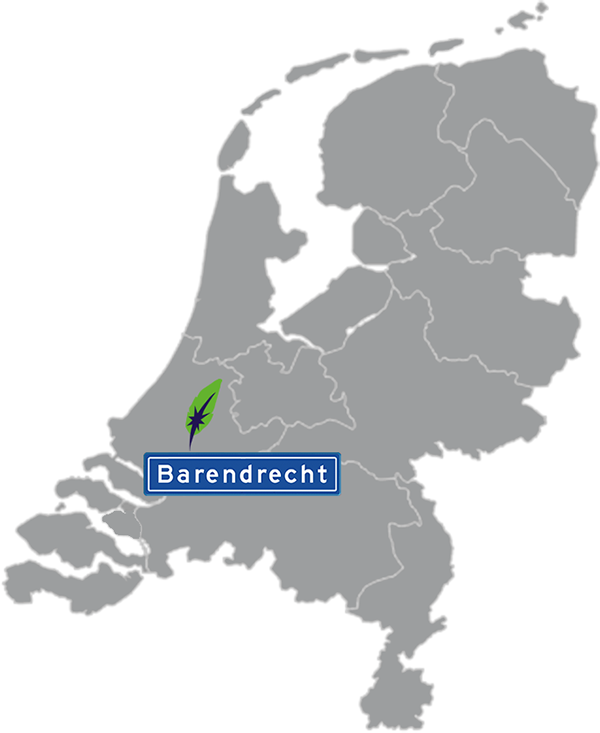 Landkaart Nederland grijs - locatie Dagnall Taleninstituut in Barendrecht - aangegeven met blauw plaatsnaambord met witte letters en Dagnall veer - op transparante achtergrond - 600 * 733 pixels